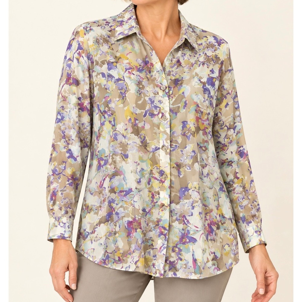 Coldwater Creek No Iron Cotton Button Down Shirt XL 16 Tan Purple Floral Slv